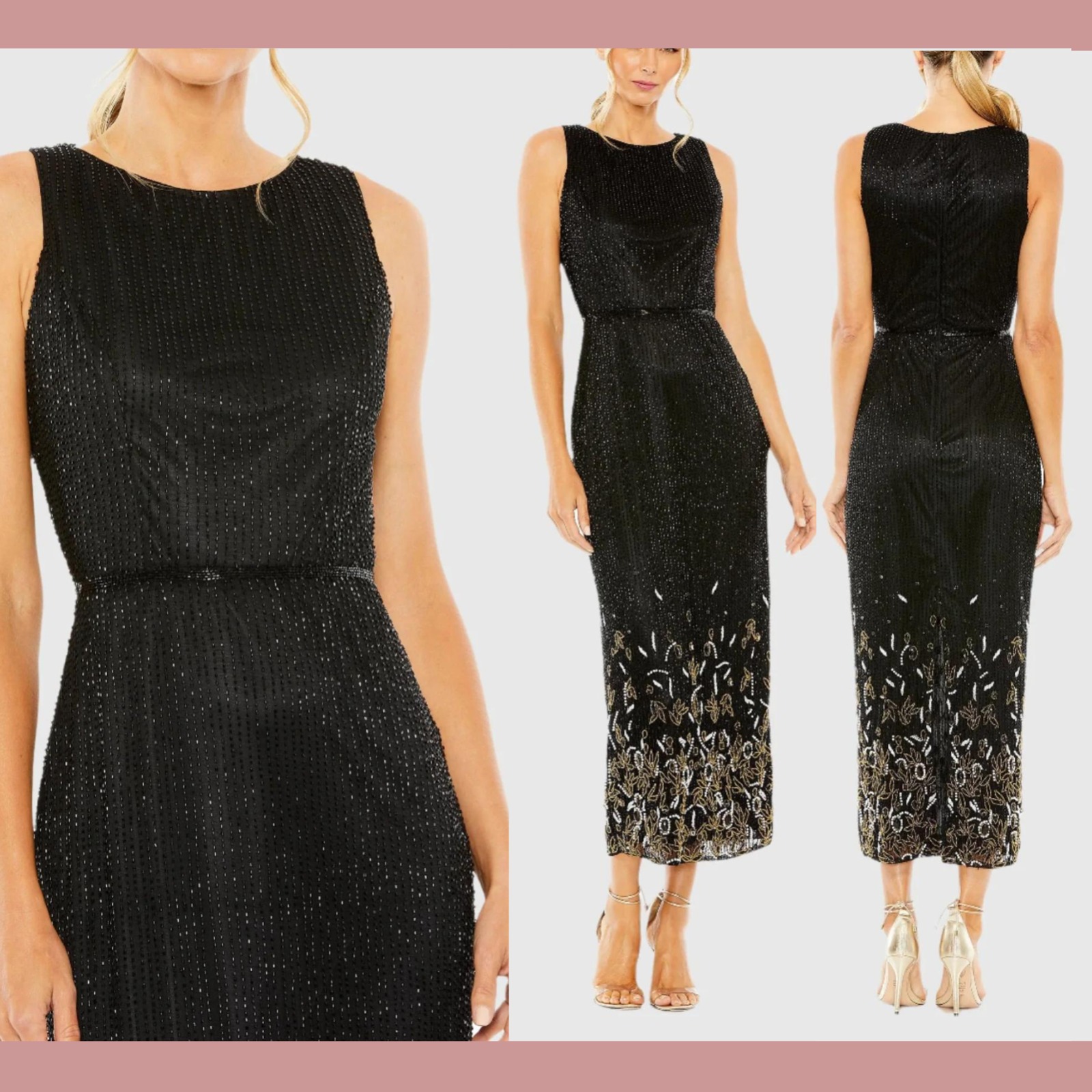 Nwt $598 Mac Duggal [ 8 ] 5796 High Neck Embellished Black Midi Dress Black Gold